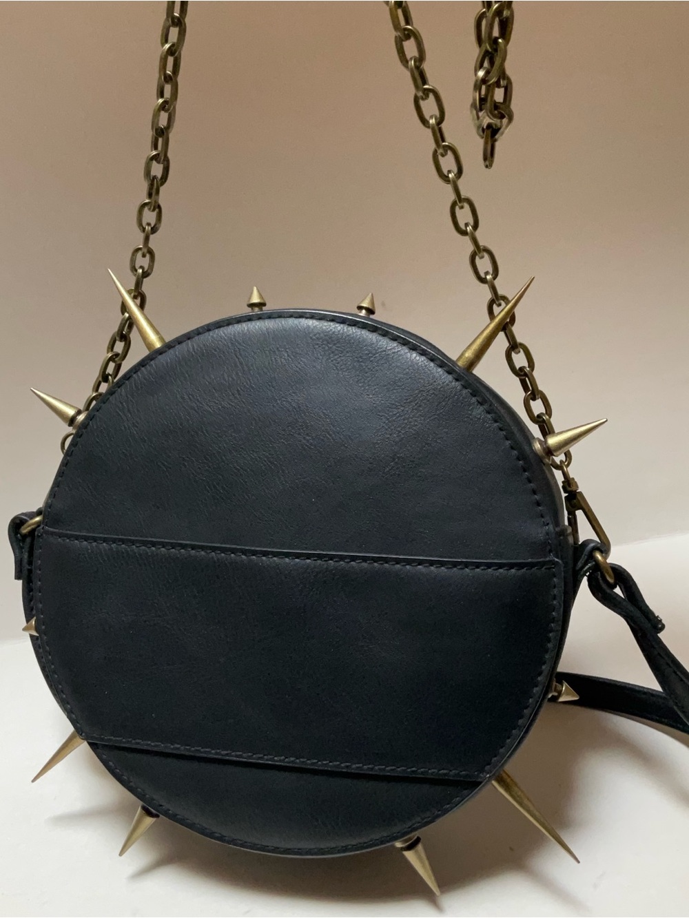 Spike Studded Black Gothic Canteen Bag Round PU Leather Shoulder Crossbody Chain